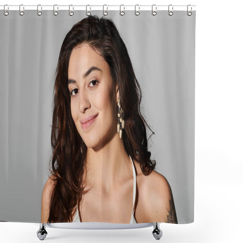 Personality  A Young Beautiful Woman Displays A Charming Smile While Wearing Stylish Earrings And Casual Attire. Shower Curtains