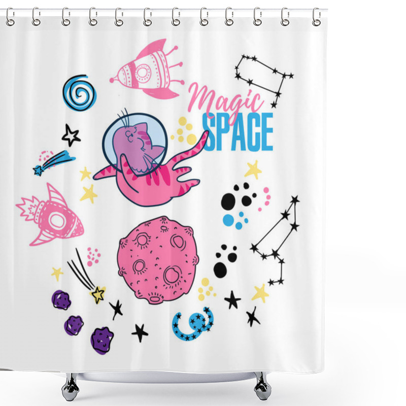 Personality  Cat In Space. Cute Typography Print With Cat Astronaut. For Kids Graphic Tees, Prints, Card And More Shower Curtains