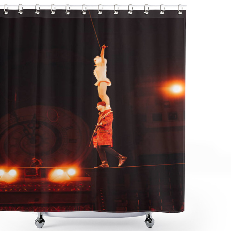 Personality  KYIV, UKRAINE - NOVEMBER 1, 2019: Low Angle View Of Air Gymnasts Balancing On Rope In Circus  Shower Curtains