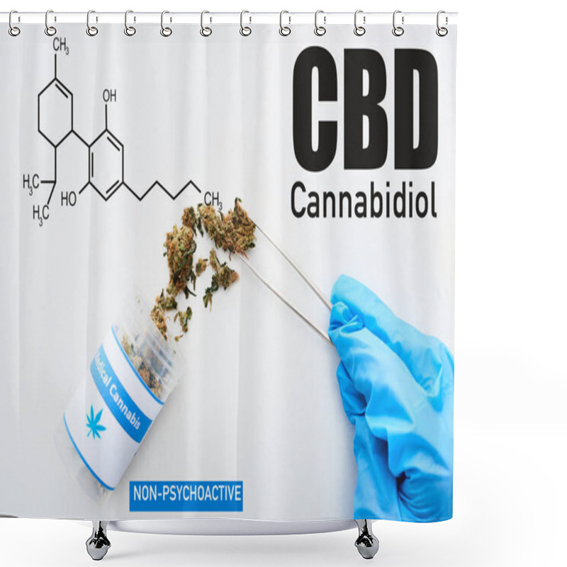 Personality  Cropped View Of Doctor In Blue Glove Holding Medical Cannabis With Tweezers On White Background With Cbd Molecule Illustration Shower Curtains