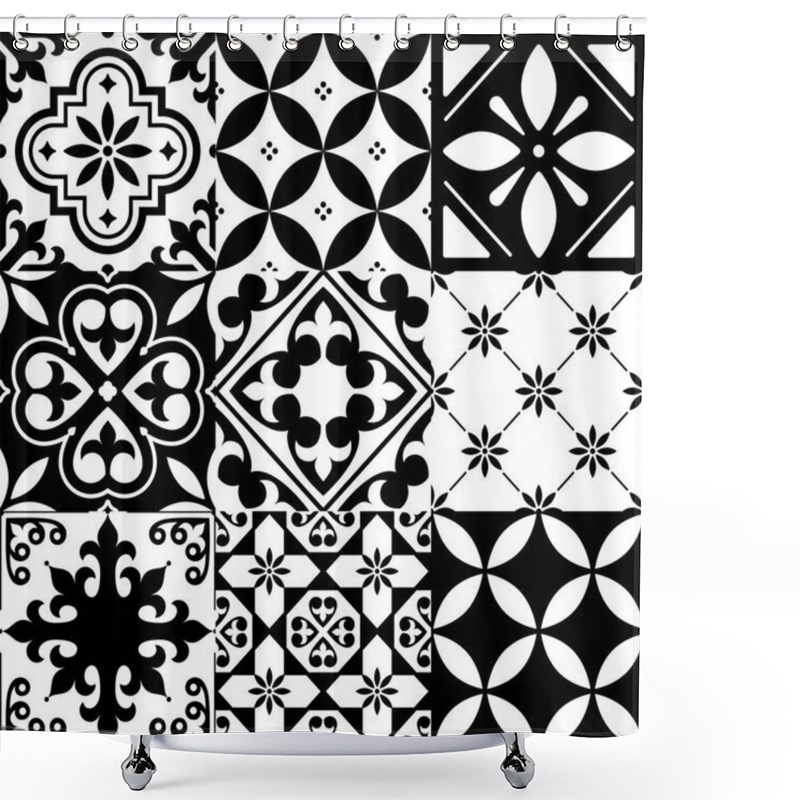 Personality  Spanish Tiles, Moroccan Tiles Design, Seamless Black Pattern   Shower Curtains