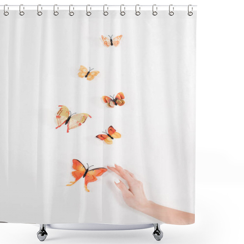 Personality  Cropped View Of Female Hand Near Orange Butterflies Flying On White Background, Environmental Saving Concept  Shower Curtains