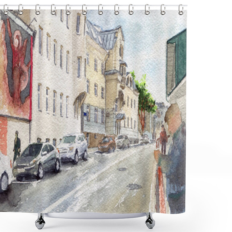 Personality  Russia.Moscow. Urban View Of The City Street With Buildings, People And Cars. Summer Day Black And White Hand Drawing With Pen And Ink. Sketch Style Shower Curtains