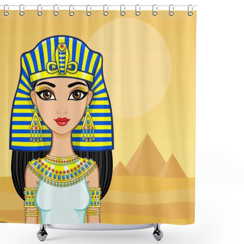 Personality  Animation Portrait Of The Egyptian Queen. A Background - A Landscape The Desert, Pyramids. The Place For The Text. Shower Curtains