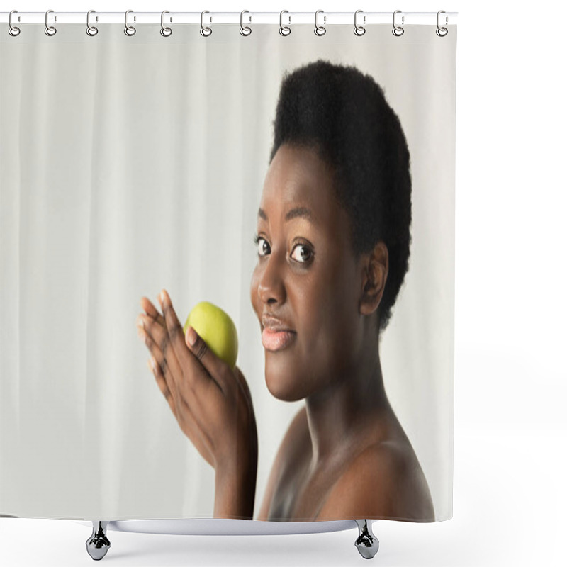 Personality  Smiling Nude African American Woman Holding Green Apple Isolated On Grey Shower Curtains