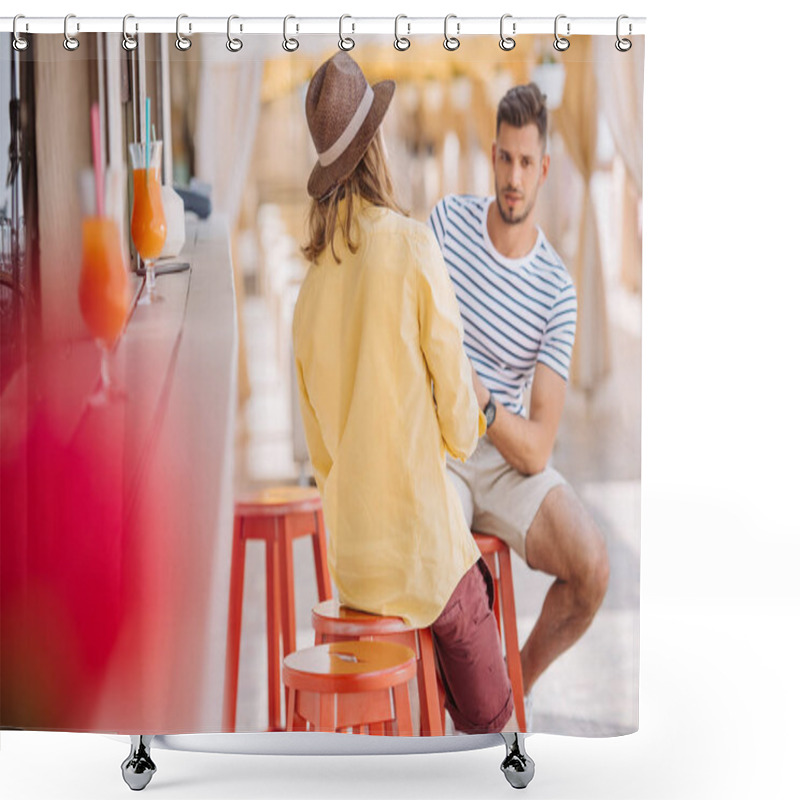 Personality  Selective Focus Of Young Men Sitting Together At Beach Bar Shower Curtains