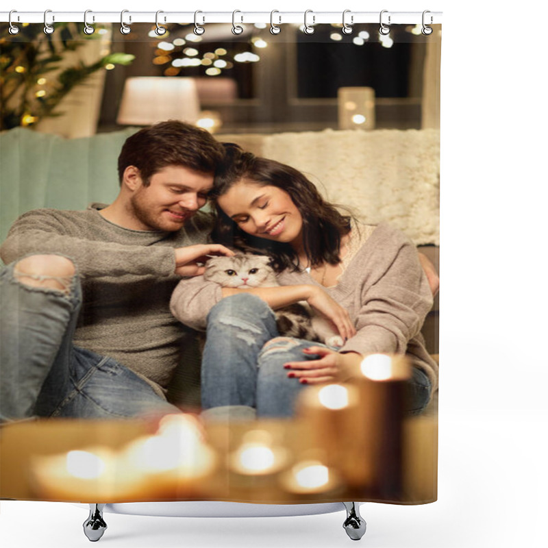 Personality  Pets, Hygge And People Concept - Happy Couple With Cat At Home Shower Curtains