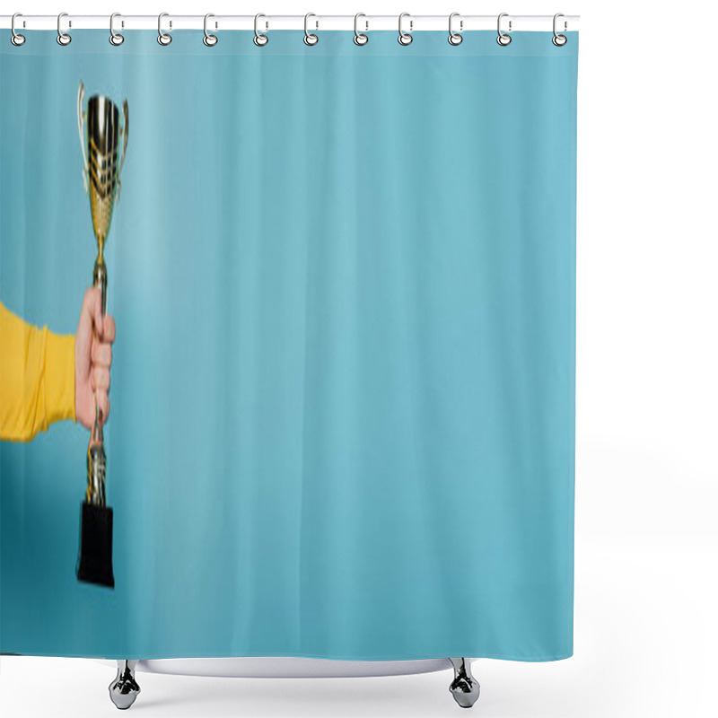 Personality  Cropped View Of Man Holding Golden Trophy On Blue, Banner Shower Curtains