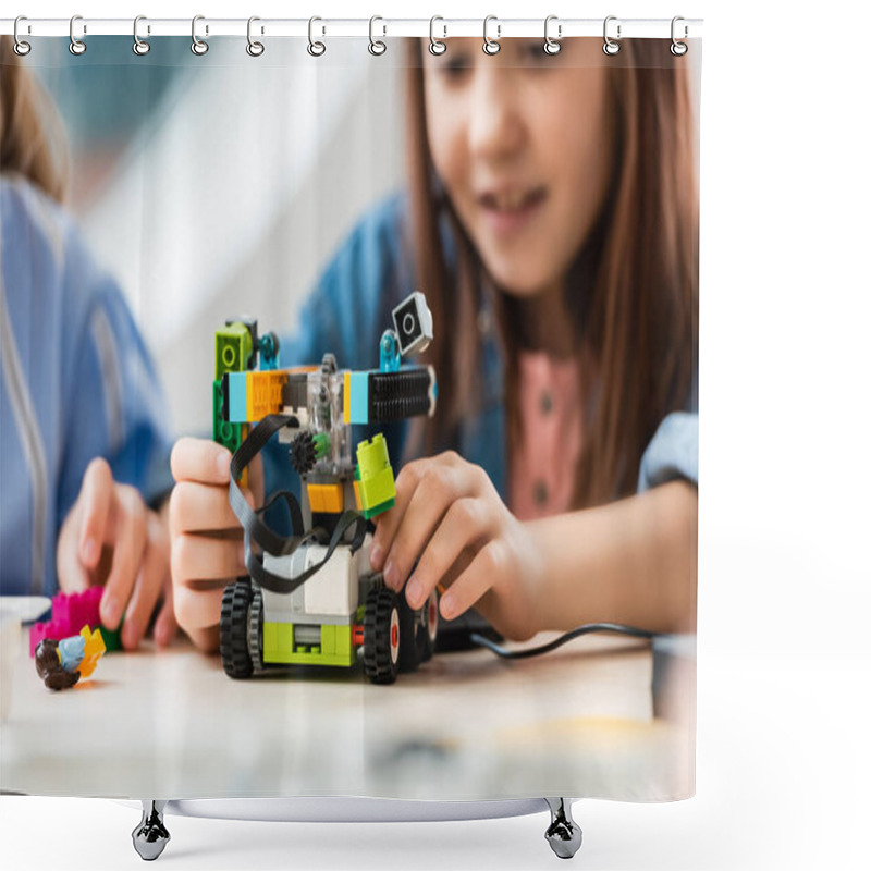 Personality  Selective Focus Of Schoolgirl Programing Robot Near Friend In Stem School  Shower Curtains