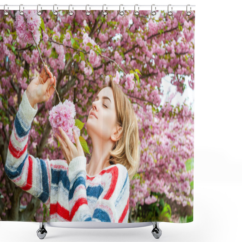 Personality  Spring Allergy.  Beautiful Woman Enjoying Nature Blooming Tree.  Shower Curtains