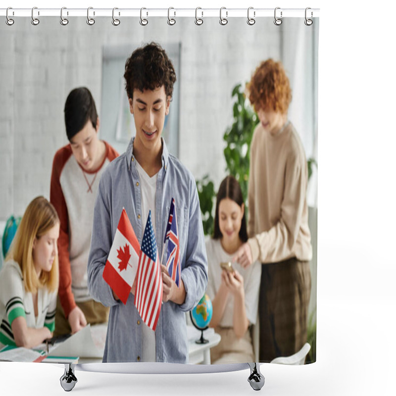 Personality  Teen Holds Flags Of Canada, US, UK At UN Model Conference. Shower Curtains