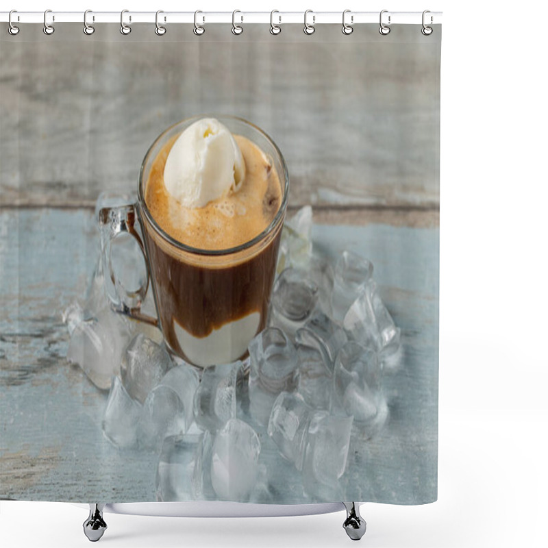 Personality  Affogato Coffee With Vanilla Ice Cream In A Glass Cup On Wooden Table Shower Curtains