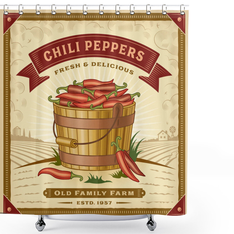 Personality  Retro Chili Pepper Harvest Label With Landscape. Editable EPS10 Vector Illustration In Woodcut Style With Clipping Mask And Transparency. Shower Curtains