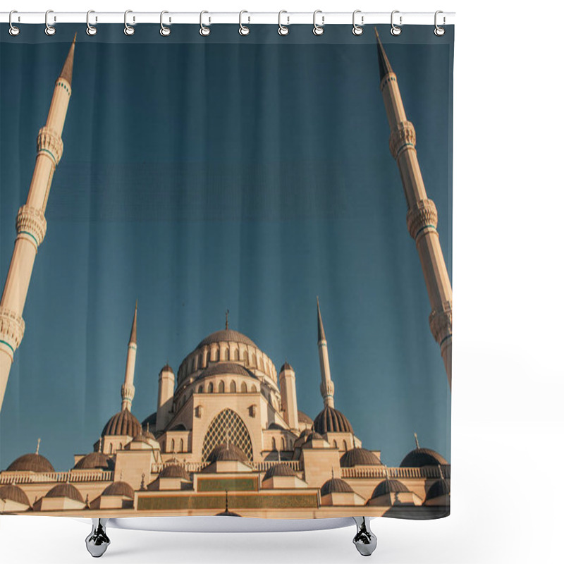 Personality  Low Angle View Of Mihrimah Sultan Mosque Against Blue, Cloudless Sky, Istanbul, Turkey Shower Curtains