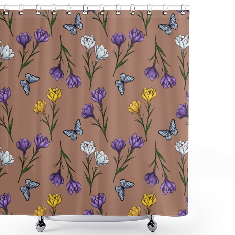 Personality  Seamless Pattern Of Spring Crocuses In Purple, White, And Yellow With Butterflies In Small Design On Mocha Mousse Background Shower Curtains