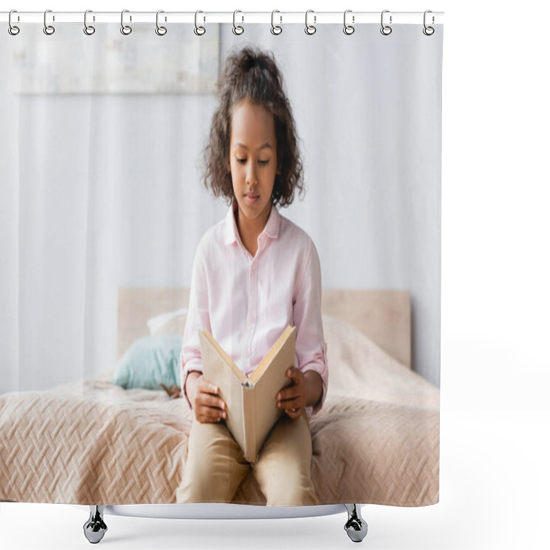 Personality  Concentrated African American Girl In White Shirt Reading Book While Sitting On Bed Shower Curtains