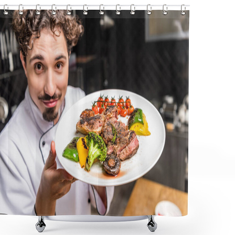 Personality  Smiling Chef Showing Cooked Vegetables With Meat On Plate Shower Curtains