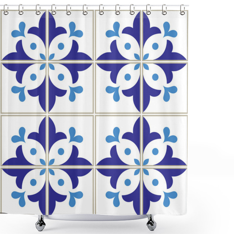 Personality  Azulejos Tiles Pattern - Portuguese Navy Blue Design, Seamless Vector Blue Background, Vintage Mosaics Set Shower Curtains