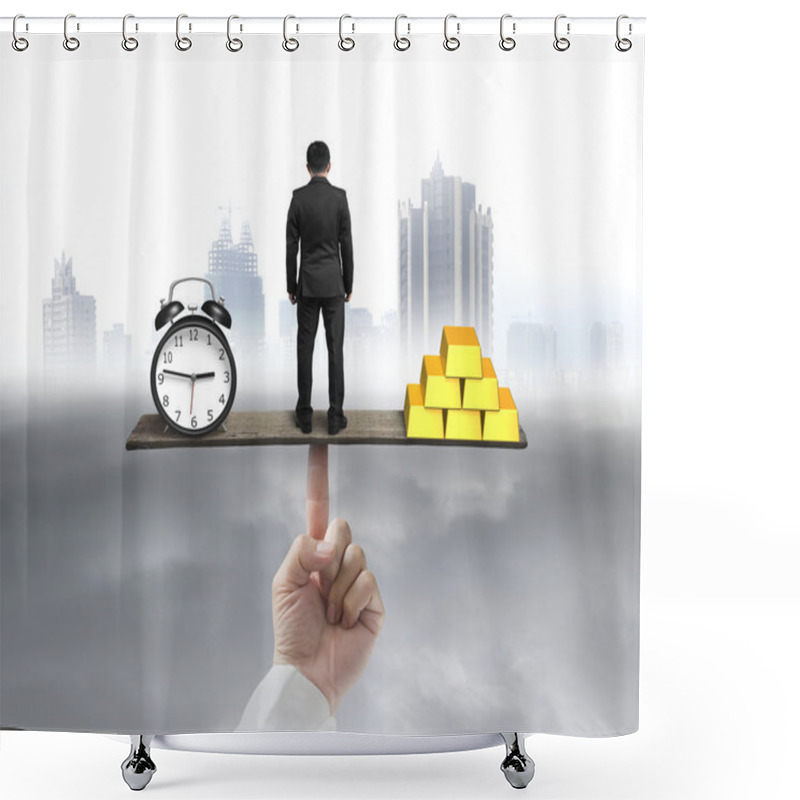 Personality  Businessman Standing Between Clock And Gold Balancing On Seesaw Shower Curtains