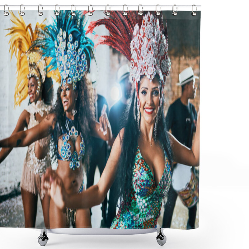 Personality  We Are Here To Entertain You. Cropped Shot Of Beautiful Samba Dancers Performing In A Carnival With Their Band. Shower Curtains