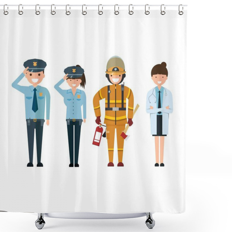 Personality  Police Firefighter And Doctor In Cartoon Style Isolated On White Background. Shower Curtains