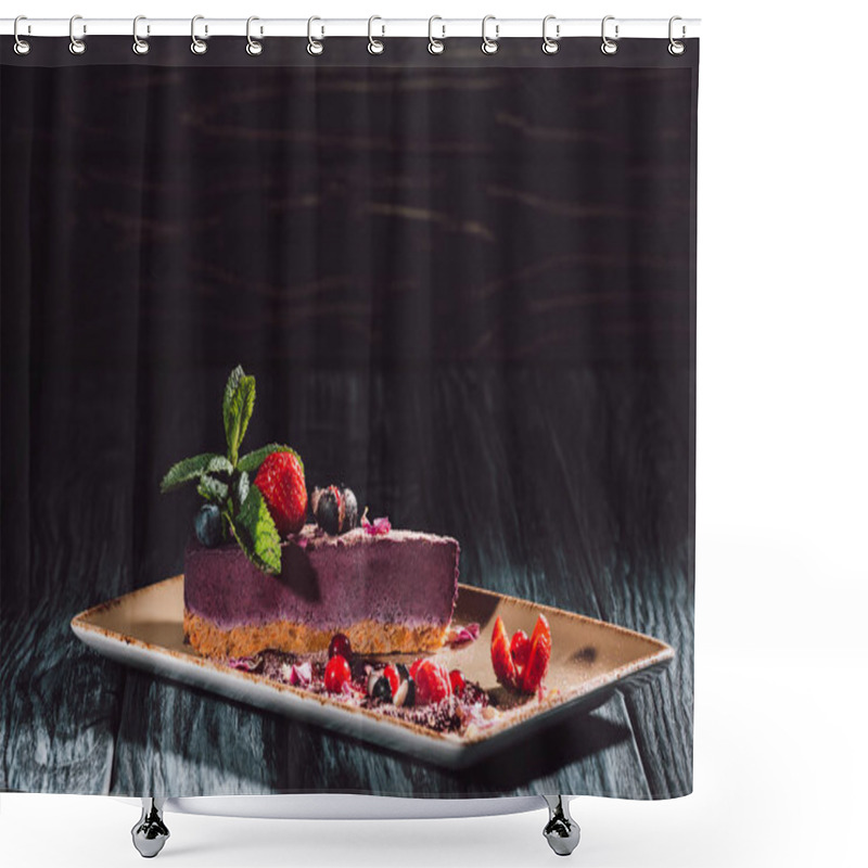 Personality  Blueberry Cake With Strawberries, Mint And Viola Petals On Plate On Wooden Table  Shower Curtains