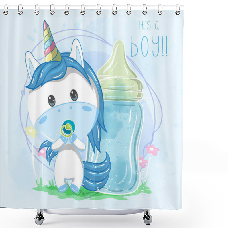 Personality  Cute Cartoon Unicorn Boy With Feeding Bottle - Vector Shower Curtains