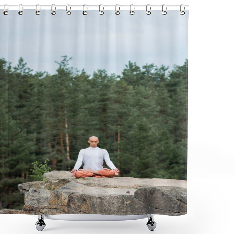 Personality  Buddhist Meditating In Lotus Pose With Closed Eyes Outdoors Shower Curtains