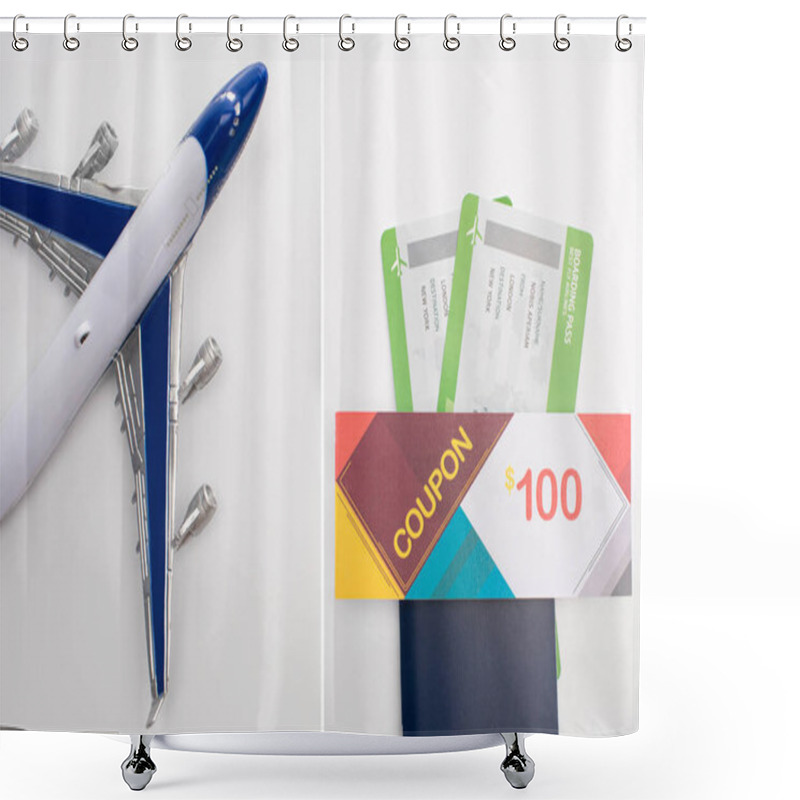 Personality  Collage Of Toy Airplane And Coupon On Passport With Air Tickets On White Background Shower Curtains