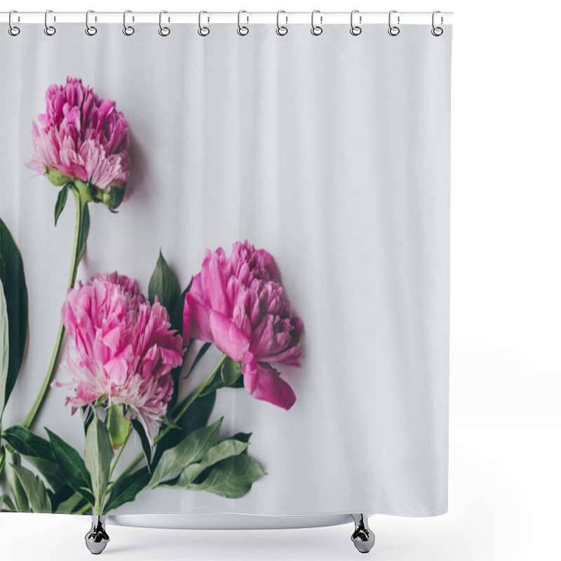 Personality  Top View Of Pink Peony Bloom With Leaves On White Shower Curtains