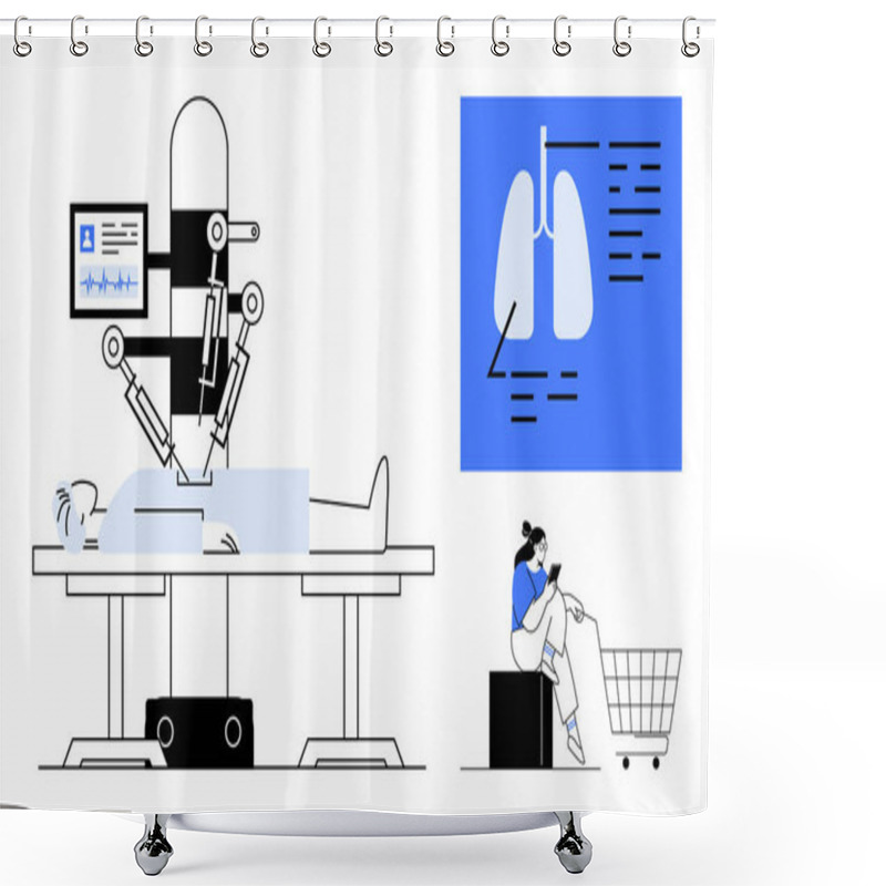 Personality  Robotic Surgical Arm Operates On Patient, With Lung Diagram On Screen And Person Consulting Another Sitting Near Shopping Cart. Ideal For Healthcare, Technology, Future Of Medicine, Innovations Shower Curtains