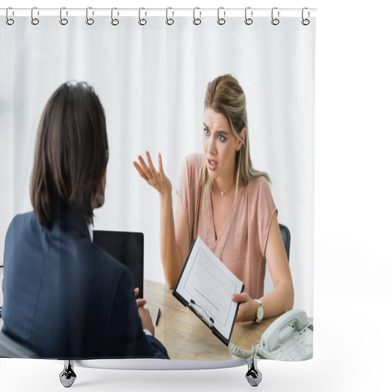 Personality  Confused Woman Talking With Businessman While Holding Contract In Hand Shower Curtains