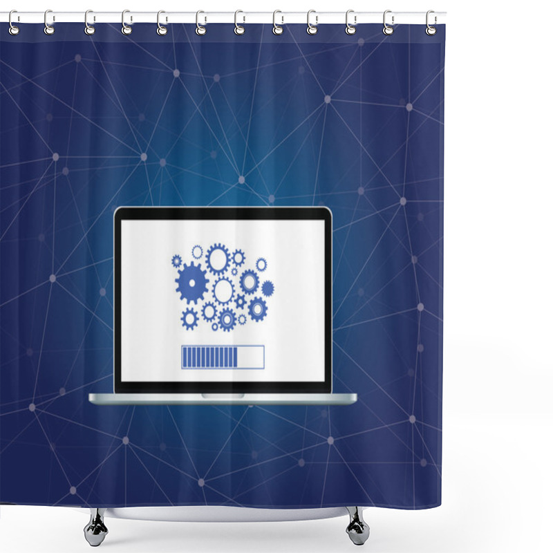 Personality  Install Installing Process With Gear On Screen Of The Laptop With Dot Galaxy Network Background Vector Graphic Shower Curtains