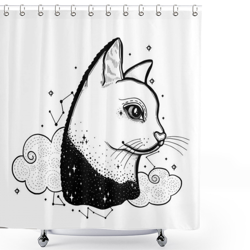 Personality  Sketch Graphic Illustration Cat With Mystic And Occult Hand Drawn Symbols. Vector Illustration. Astrological And Esoteric Concept. Vintage Hands With Old Fashion Tattoos. Black And White Shower Curtains