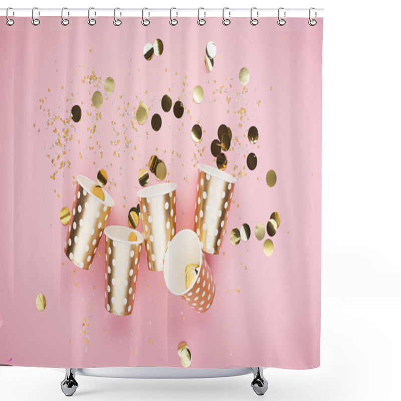 Personality  Universal Trendy Festive Background Pink Gold With Confetti, Paper Fashion Cups On A Delicate Pink Background. Concept For Any Fun Bright Project. Horizontal, Copy Space, Shower Curtains