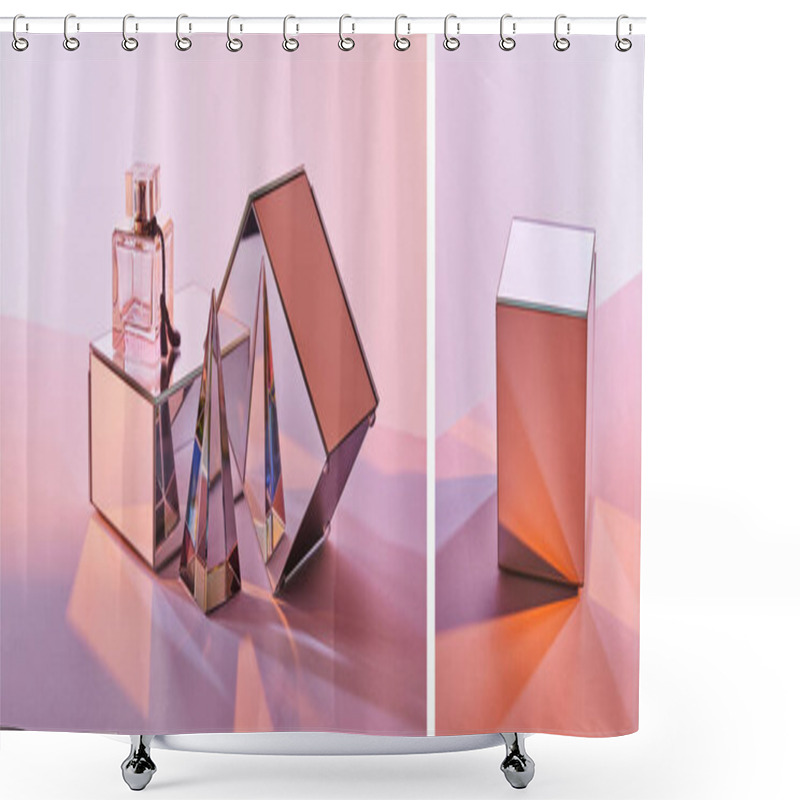 Personality  Collage Of Crystal Transparent Pyramid Near Perfume Bottle And Mirror Cubes On Pink Background Shower Curtains