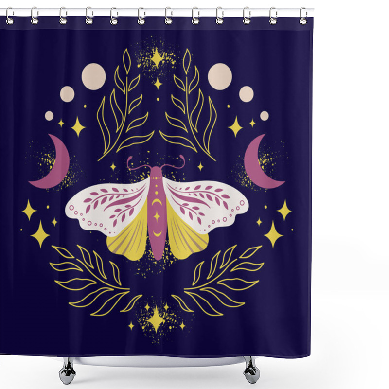 Personality  Butterfly Night Moth In A Frame Of Twigs With Crescents, Stars And Fairy Dust On Dark Background. Vector Symmetric Celestial Boho Print Shower Curtains