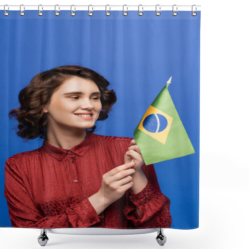 Personality  Cheerful Language Teacher Smiling While Holding Flag Of Brazil Isolated On Blue  Shower Curtains