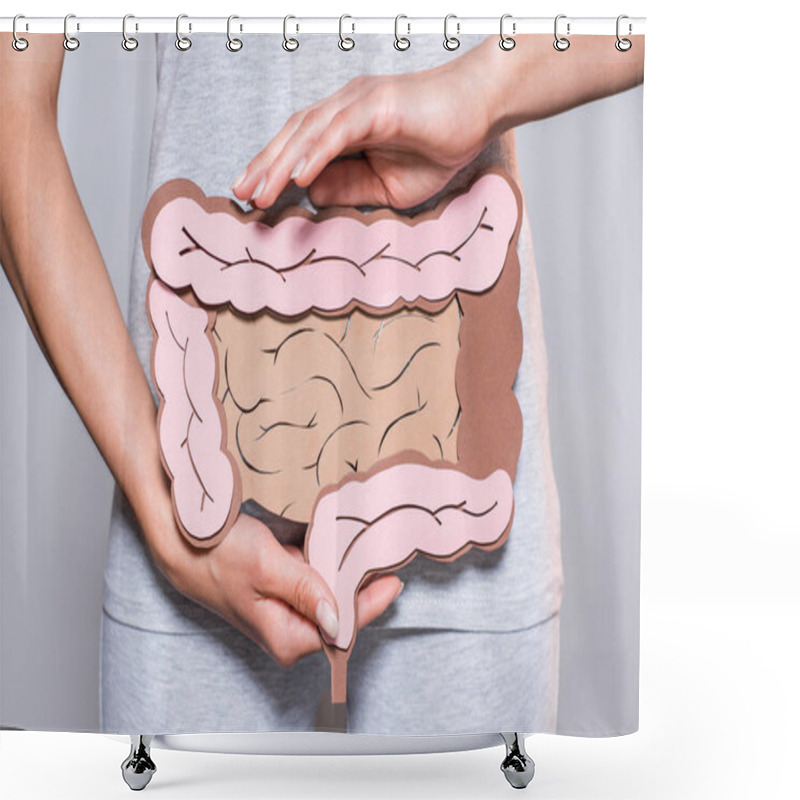 Personality  Partial View Of Woman Holding Paper Made Large Intestine On Grey Background Shower Curtains