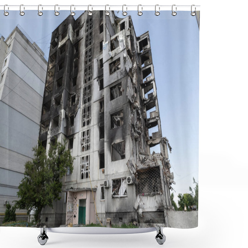 Personality  This Stock Photo Shows The Aftermath Of The War In Ukraine - A Destroyed Residential Building In Borodyanka, Bucha District Shower Curtains