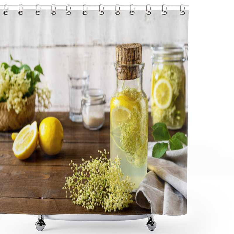 Personality  Elderberry Infused Watering Or Syrup Made With Water, Fresh Flowers, Sugar And Lemons As Main Ingredients. White And Brown Wooden Background. Selective Focus Shower Curtains