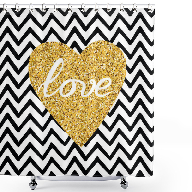 Personality  Hand Drawn Gold Sparkle Heart, Text Love On Zig Zag Seamless Pattern Shower Curtains