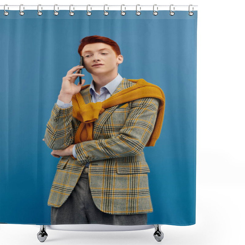 Personality  A Confident Young Man In A Chic Winter Outfit Captures Attention While Engaged In A Phone Call. Shower Curtains