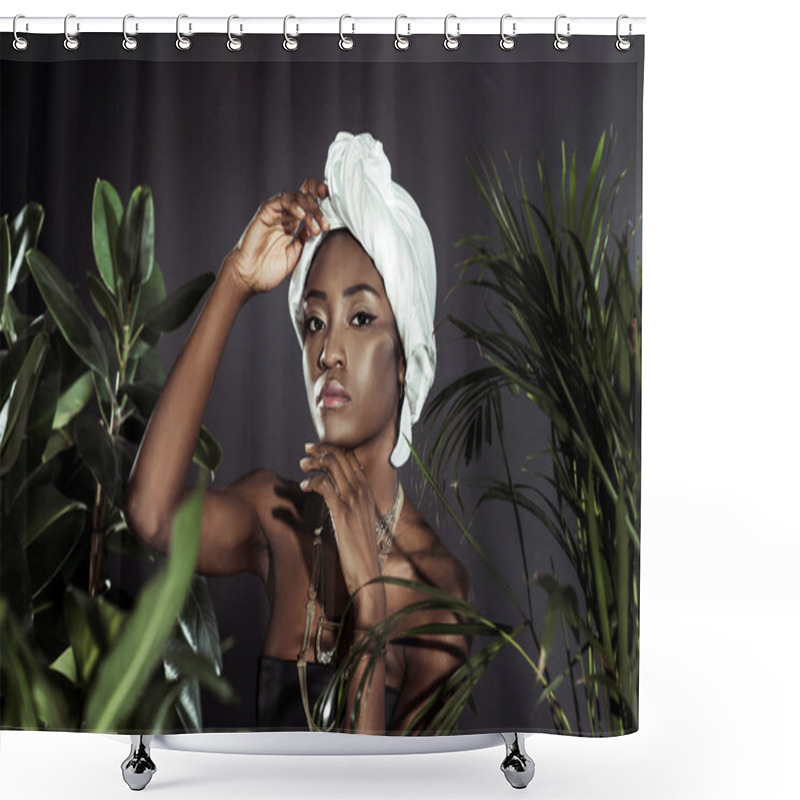 Personality  Fashionable African American Woman In White Wire Head Wrap Behind Leaves Shower Curtains