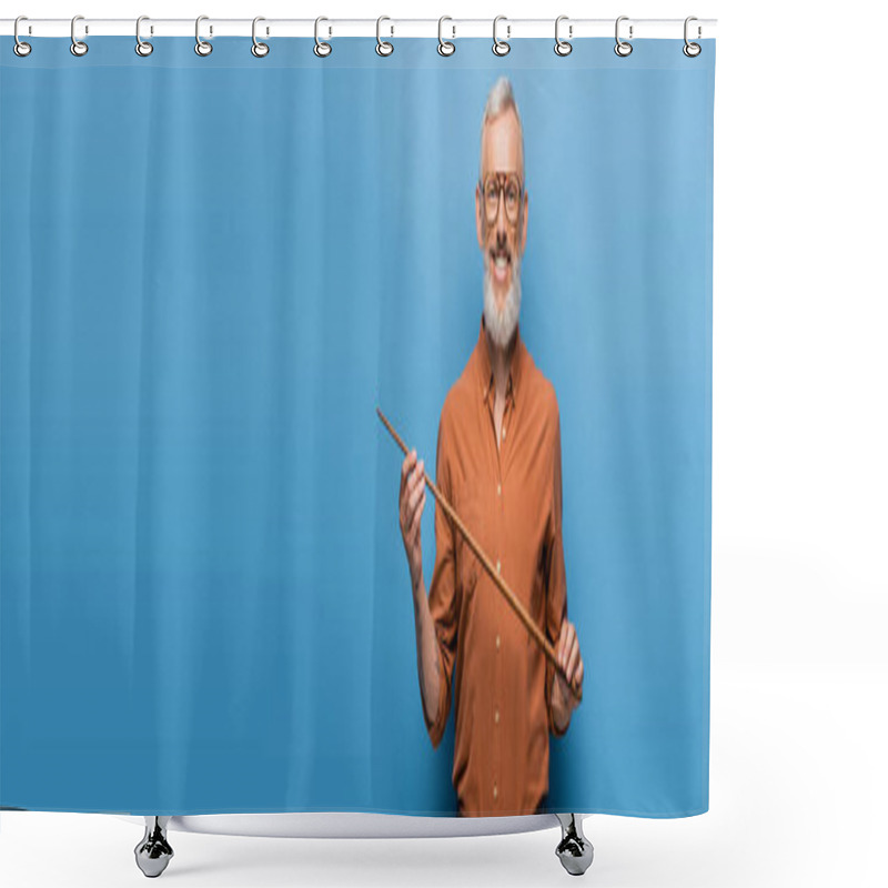 Personality  Happy Middle Aged Teacher In Glasses Holding Pointer Stick On Blue, Banner Shower Curtains