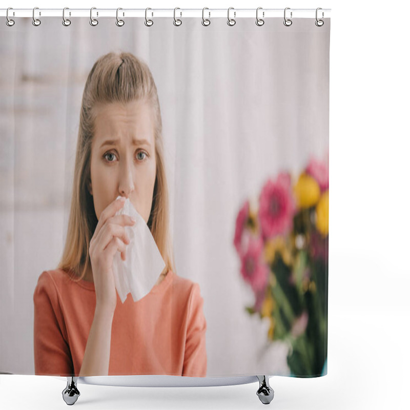 Personality  Selective Focus Of Upset Blonde Woman With Pollen Allergy Looking At Camera While Holding Tissue Near Flowers Shower Curtains