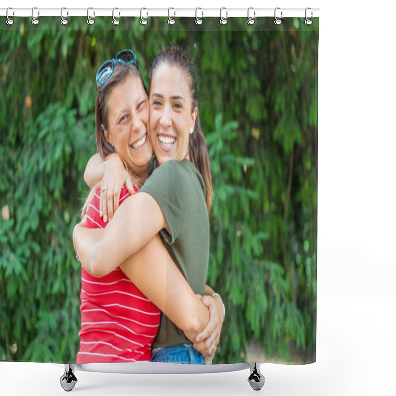 Personality  Portrait Of Two Young Beautiful Lesbian Smiling Girls Hug Each Other In A Summer Day Whit Colored T-shirt Clothes And Jeans Shower Curtains