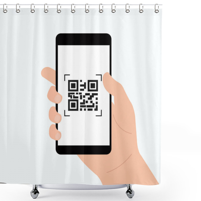 Personality  Hand Holding Mobile Phone. QR Code Scanning On Smartphone. QR Code For Payment. Isolated Vector Illustration Shower Curtains