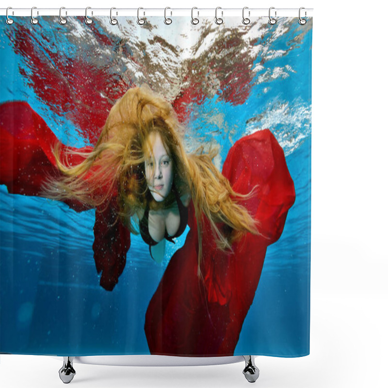 Personality  An Unusual Portrait Of A Young Girl With Luxurious Hair Under The Water In The Pool. She Swims And Poses For The Camera With A Red Cloth, Arms Outstretched. Her Hair Flutters In The Water. Shower Curtains