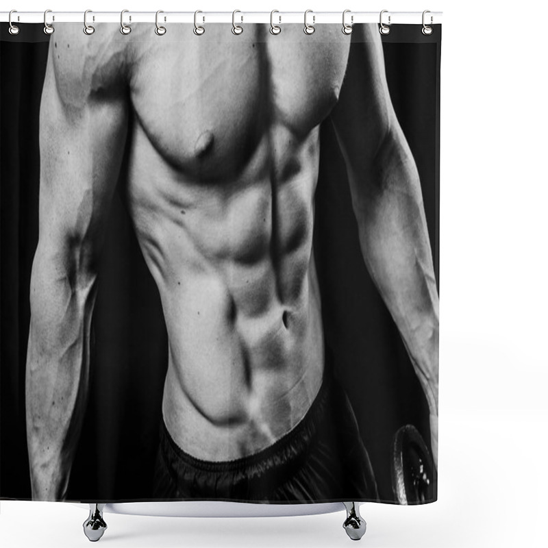 Personality  Closeup Of Cool Perfect Sexy Strong Sensual Bare Torso With Abs Pectorals 6 Pack Muscles Chest Black And White Studio, Horizontal Picture Shower Curtains